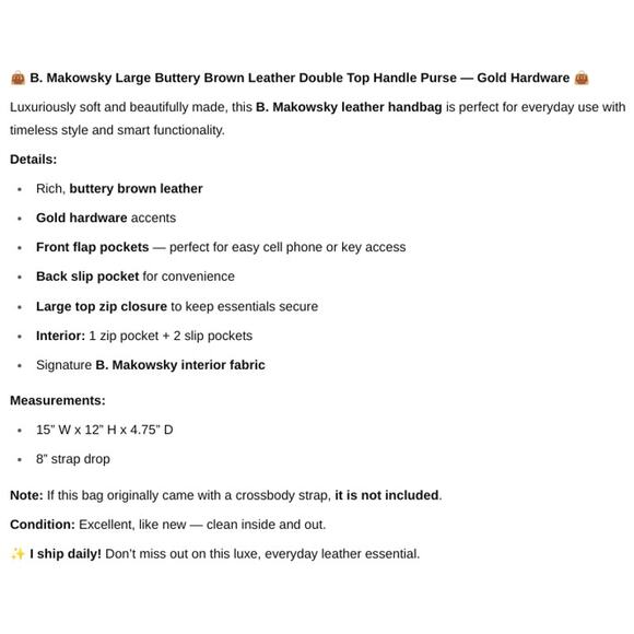 B Makowsky Large Buttery Brown Leather Double Top Handle Purse Gold Hardware - Picture 7 of 7